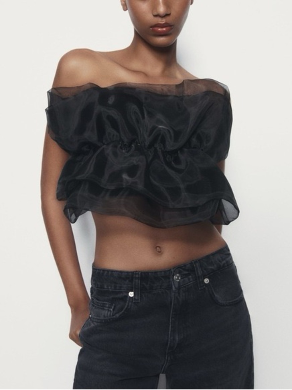 Zara Black Off-Shoulder Sheer Ruffle Crop Top Sz M